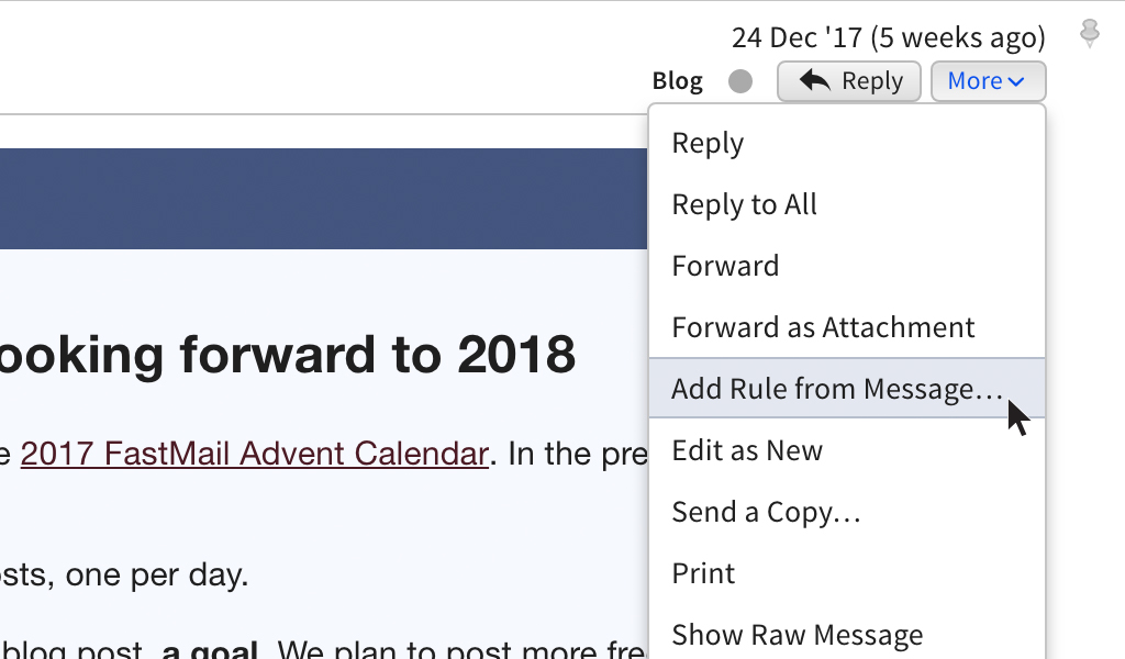 image showing the Add Rule function when viewing a message in the FastMail web interface